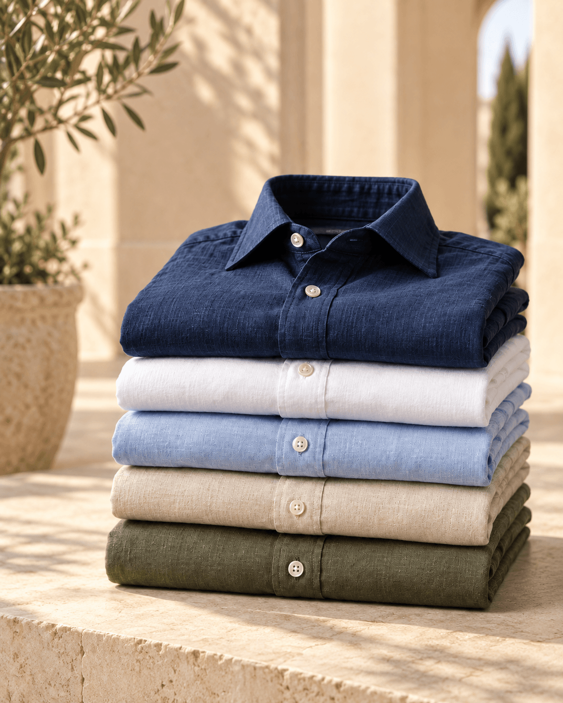 A stack of folded shirts in navy, white, light blue, stone and olive