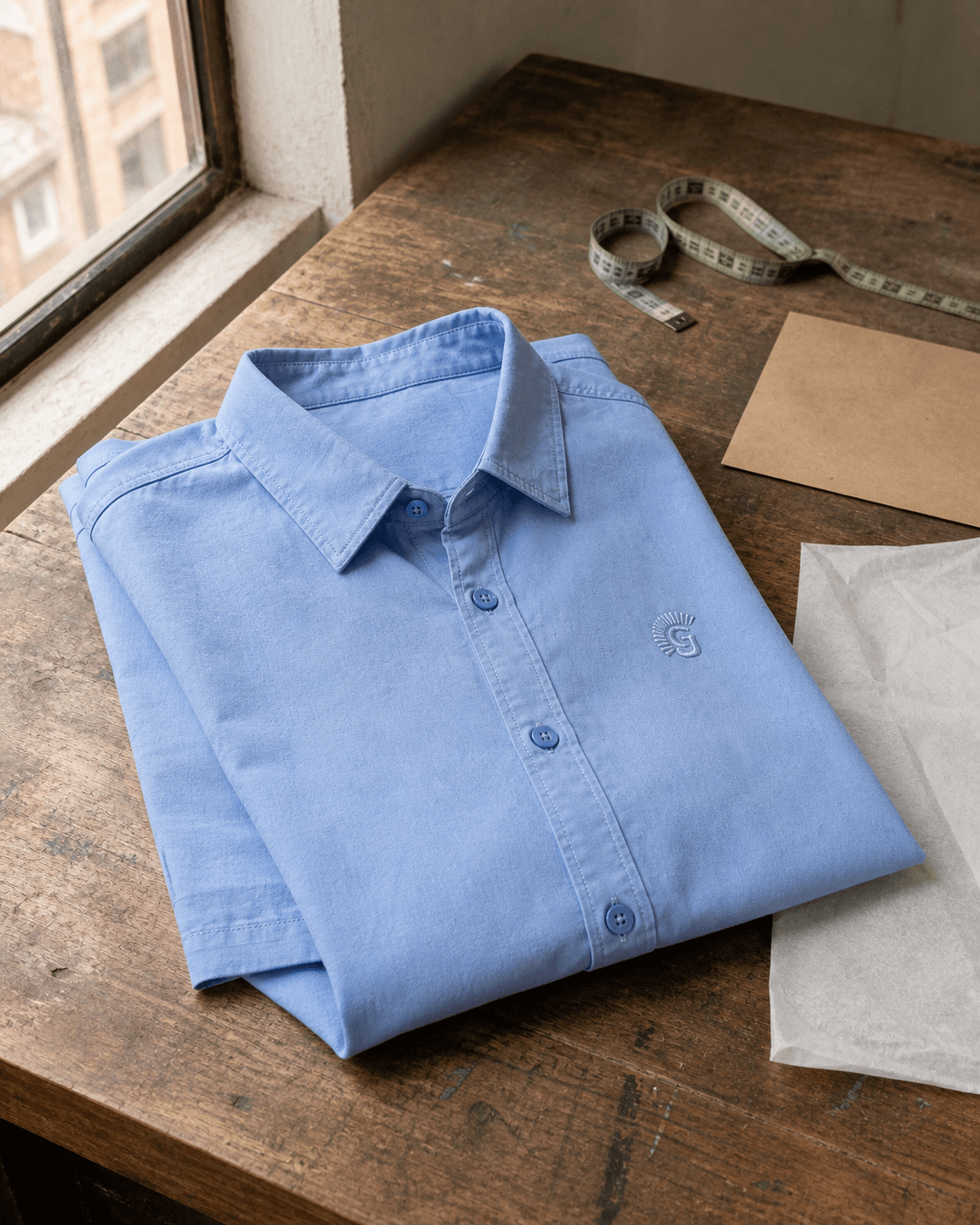 A folded light-blue shirt, measuring tape, and packing paper on a wooden worktable