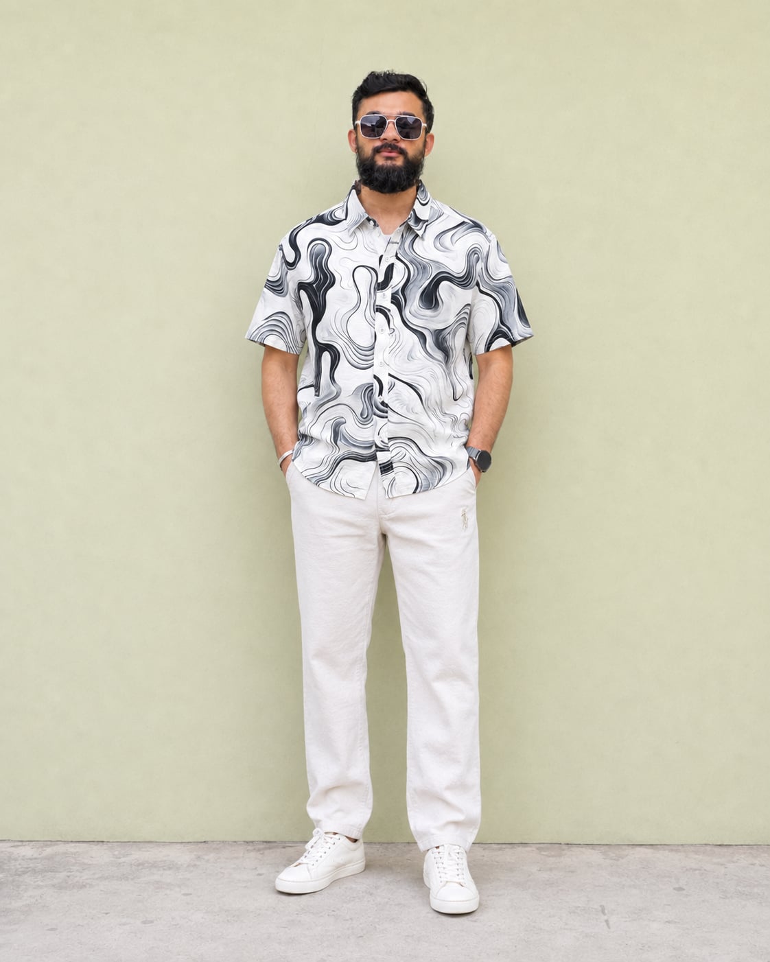 Model wearing the Monochrome Wave Shirt with the Ivory Drawstring Linen Pants