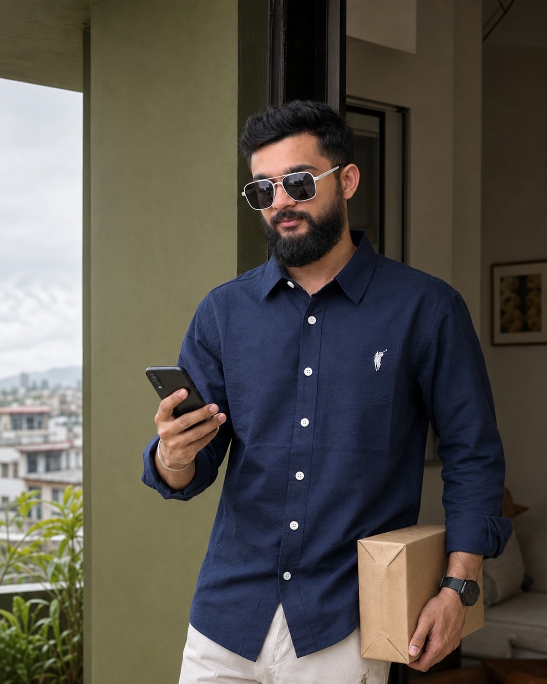 A man holding a parcel while checking a message on his phone
