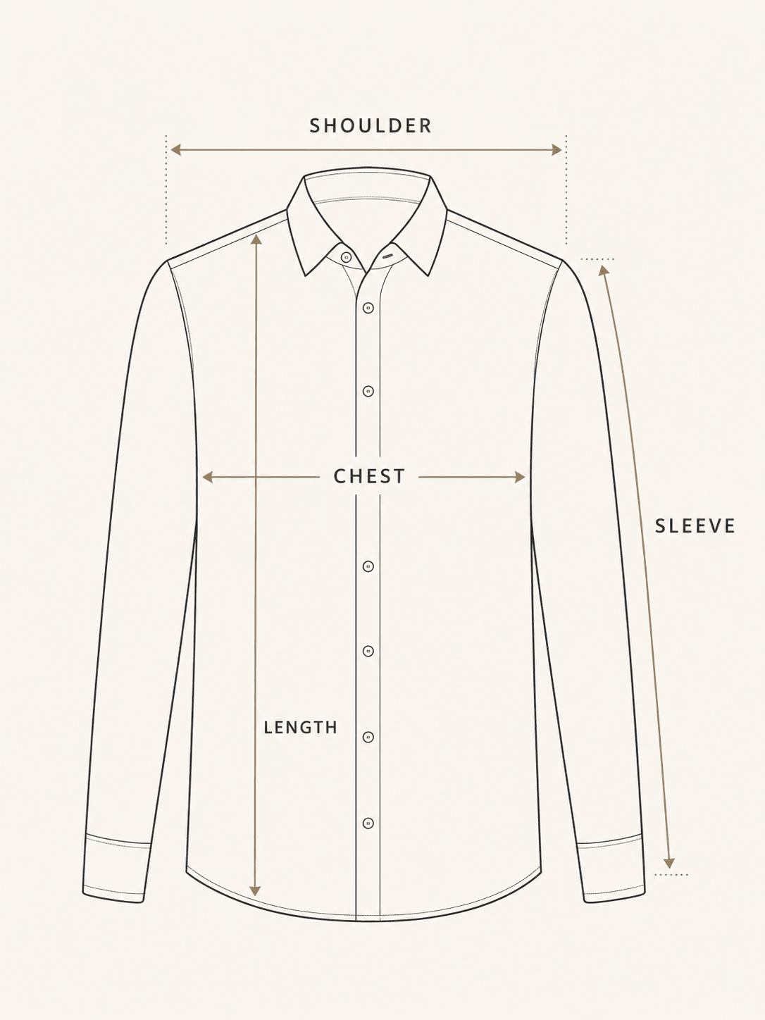 Size guide diagram of a long-sleeve button shirt laid flat, with shoulder, chest, length and sleeve measurement points marked.