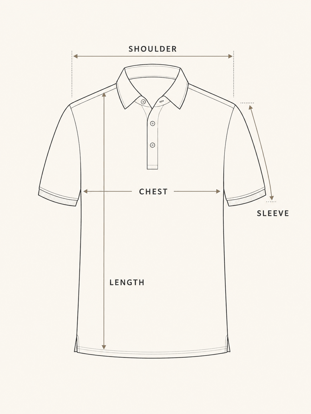Size guide diagram of a polo shirt laid flat, with shoulder, chest, length and sleeve measurement points marked.