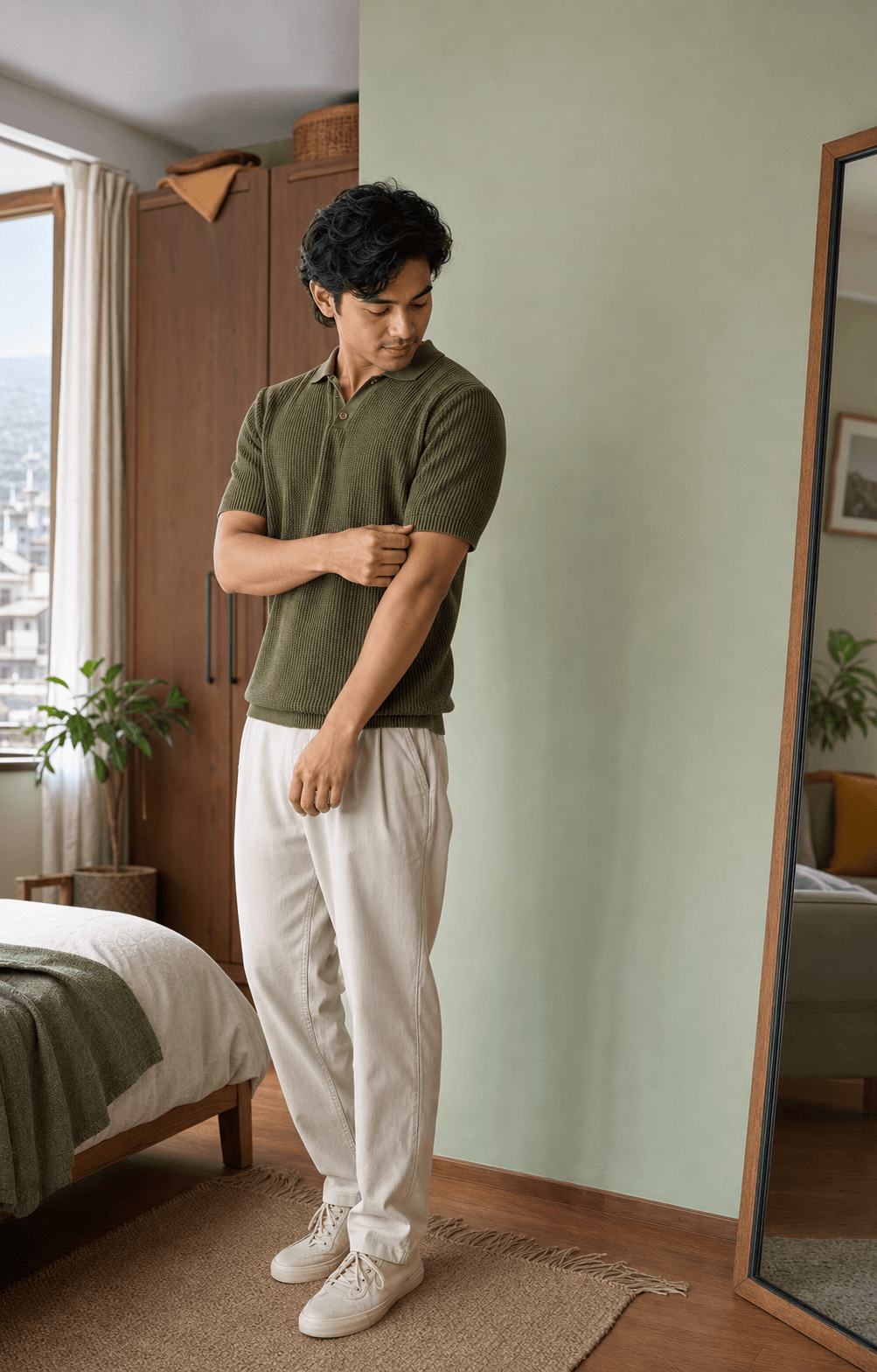 Customer checking the fit of an olive knit polo before ordering