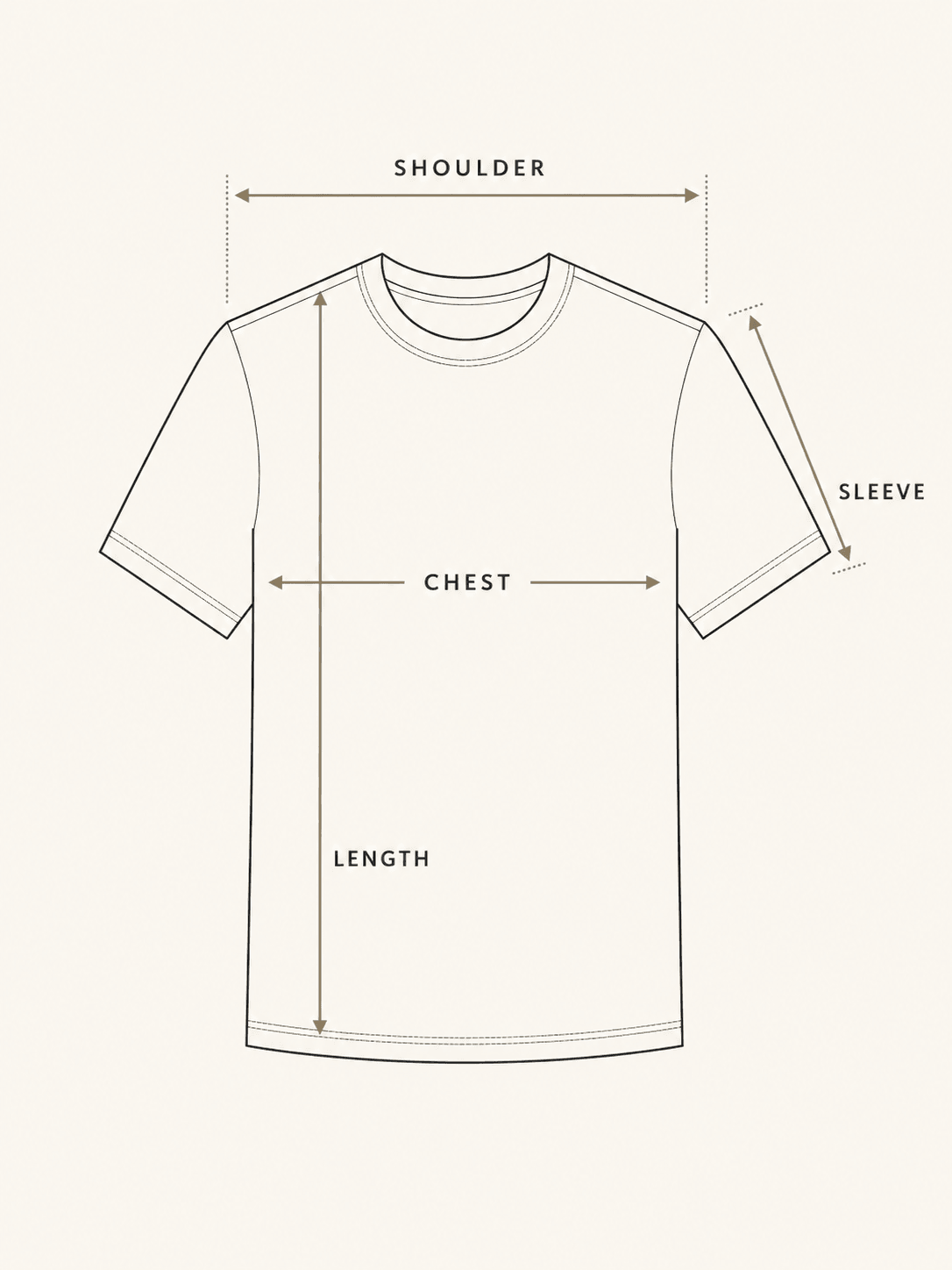 Size guide diagram of a short-sleeve t-shirt laid flat, with shoulder, chest, length and sleeve measurement points marked.
