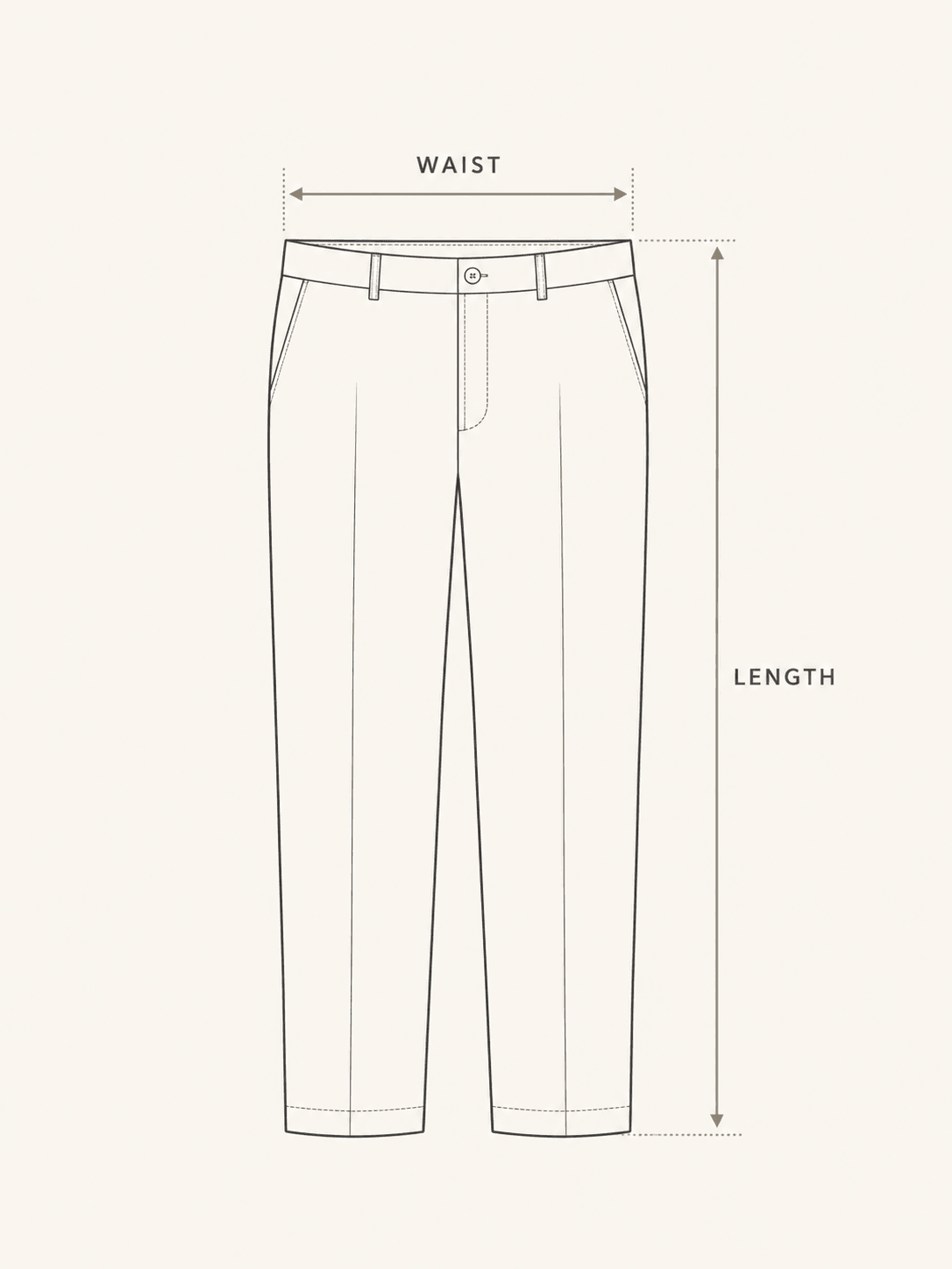 Size guide diagram of trousers laid flat, with waist and length measurement points marked.